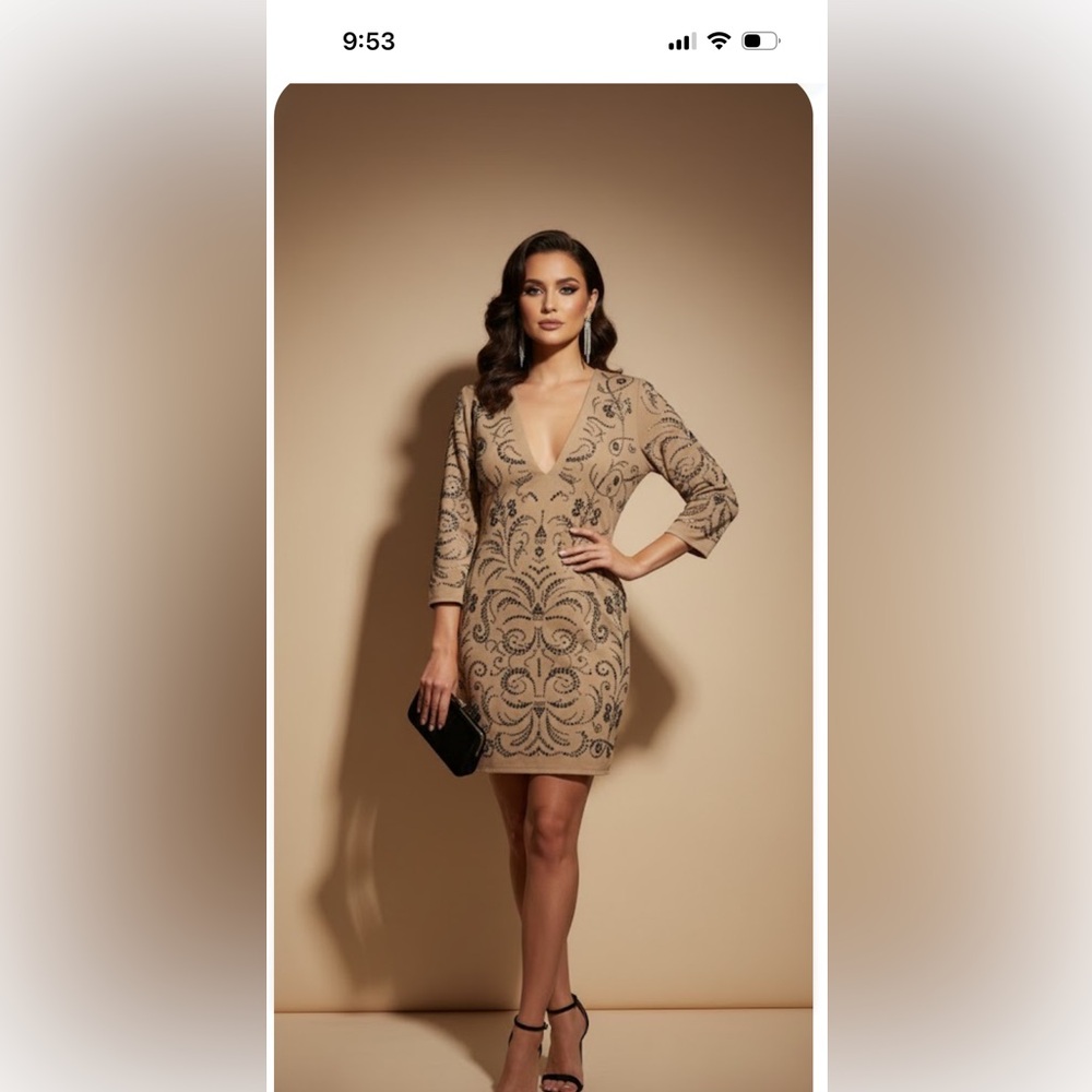 Elegant Tan Dress with Black Embellishments